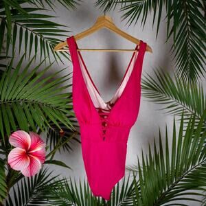 FlatterMe NWT Women's XXL Hot Pink Faux Lacing and Faux Wrap One Piece Swimsuit
